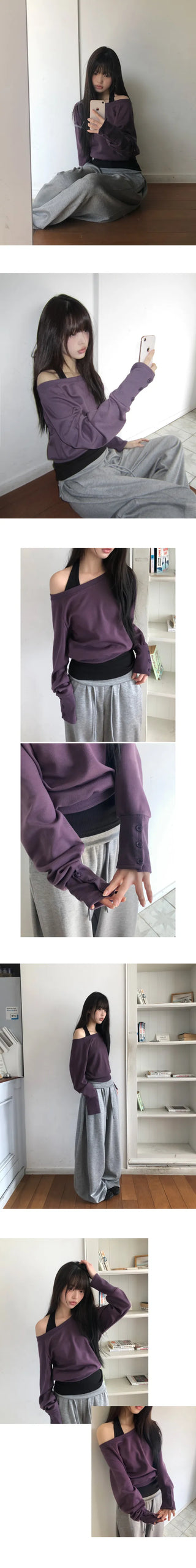 Kyuhin Sleeve Button One-Shoulder Sweatshirt