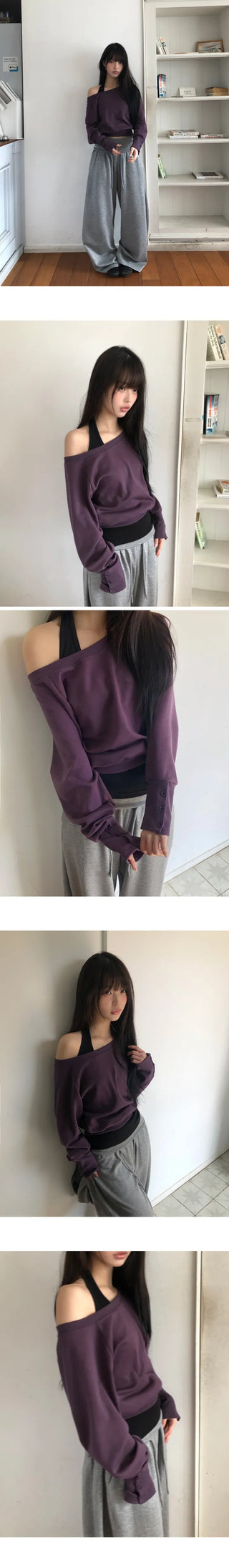 Kyuhin Sleeve Button One-Shoulder Sweatshirt