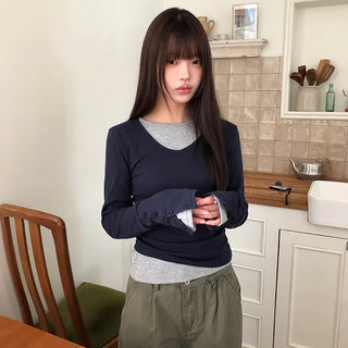 Hami V-Neck Button Layered T-Shirt