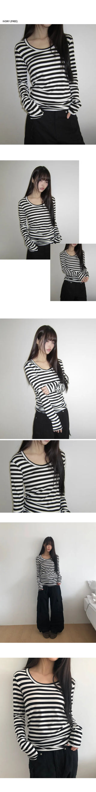 Juka Striped U-Neck Long Sleeve T-Shirt