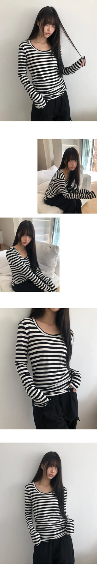 Juka Striped U-Neck Long Sleeve T-Shirt