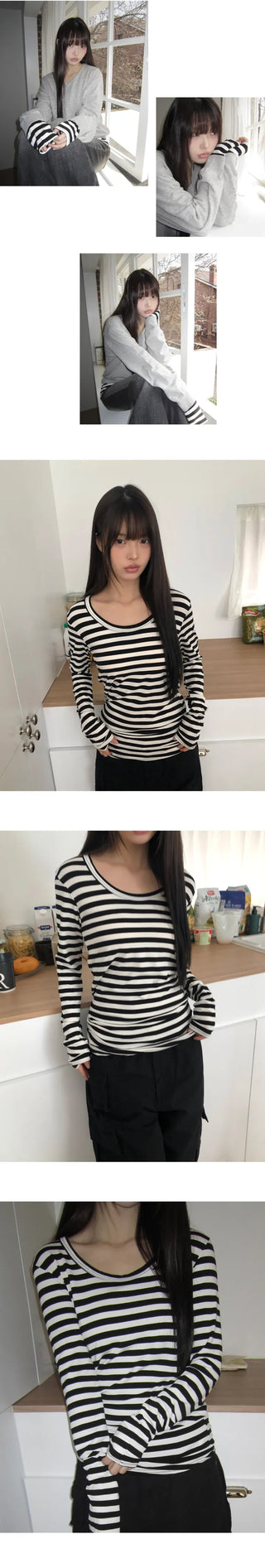 Juka Striped U-Neck Long Sleeve T-Shirt