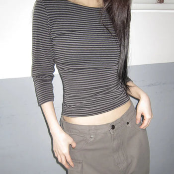 Velko Boat Neck Striped Side Shirred 3/4 Sleeve T-shirt