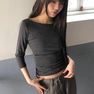 Velko Boat Neck Striped Side Shirred 3/4 Sleeve T-shirt