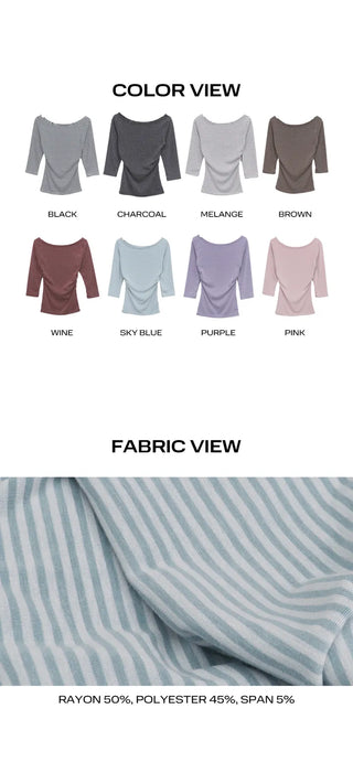 Velko Boat Neck Striped Side Shirred 3/4 Sleeve T-shirt