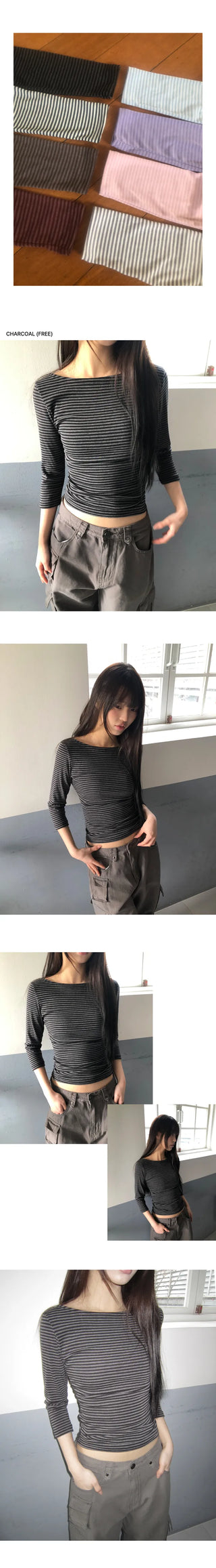 Velko Boat Neck Striped Side Shirred 3/4 Sleeve T-shirt