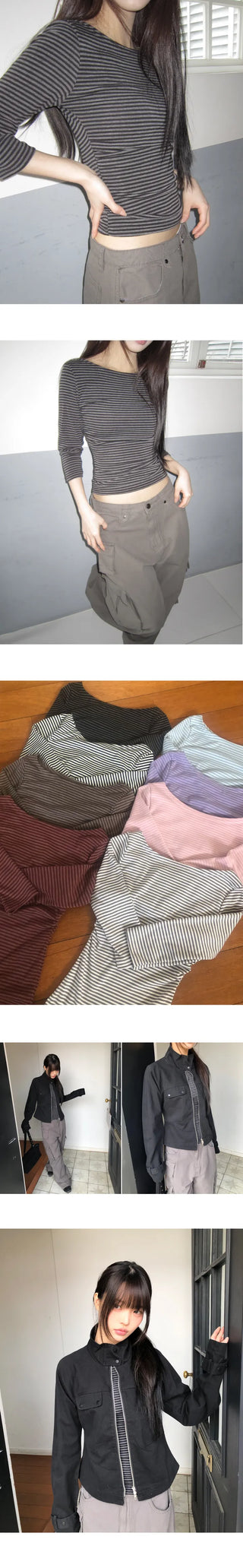 Velko Boat Neck Striped Side Shirred 3/4 Sleeve T-shirt