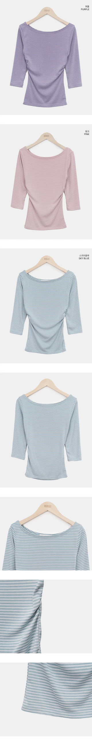 Velko Boat Neck Striped Side Shirred 3/4 Sleeve T-shirt