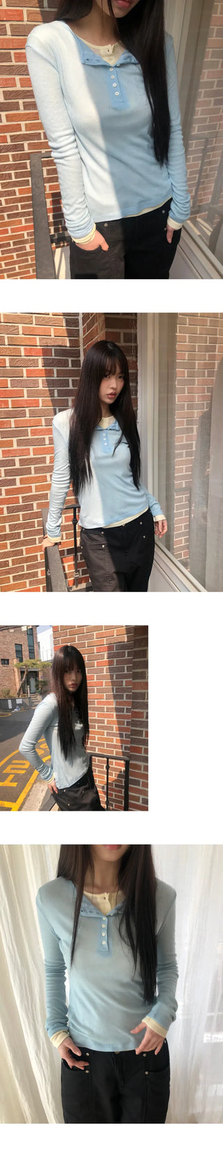 Duric Button Henley Neck Tencel Long Sleeve T-shirt