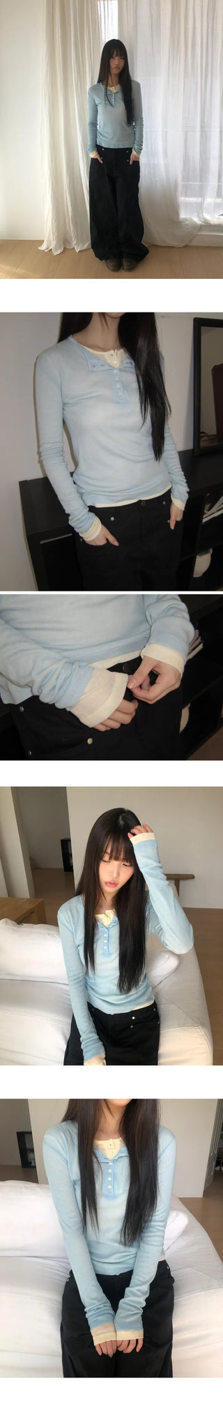 Duric Button Henley Neck Tencel Long Sleeve T-shirt