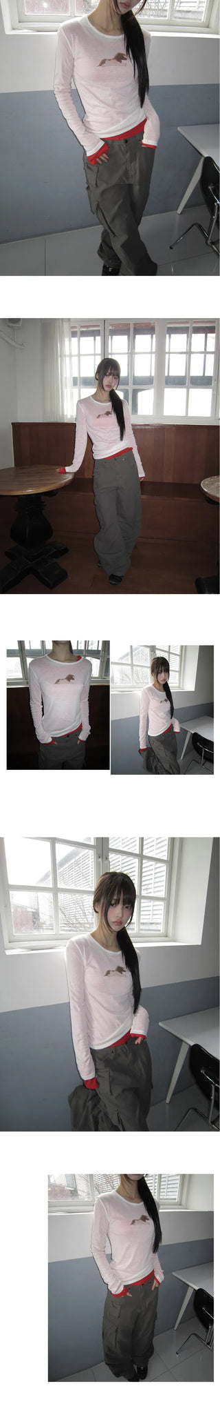 Hizel Donkey See-through Tencel Long Sleeve T-shirt