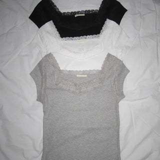 Vucky Lace Square Neck Slim Cap Sleeve Short Sleeve T-shirt