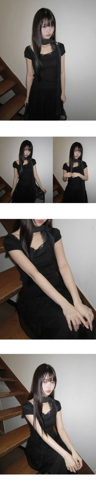 Vucky Lace Square Neck Slim Cap Sleeve Short Sleeve T-shirt