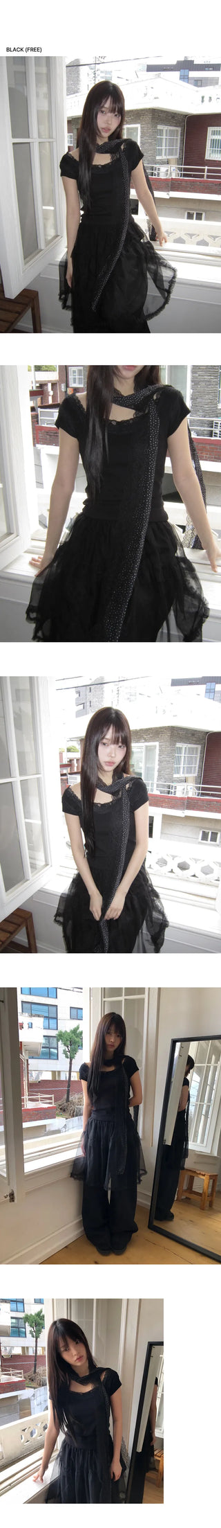 Vucky Lace Square Neck Slim Cap Sleeve Short Sleeve T-shirt