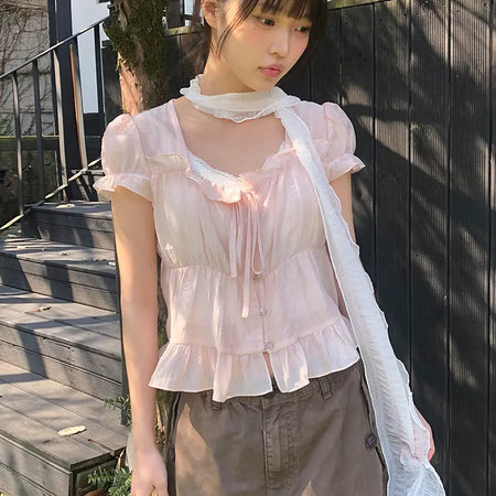 Burun Strap Frill Short Sleeve Blouse