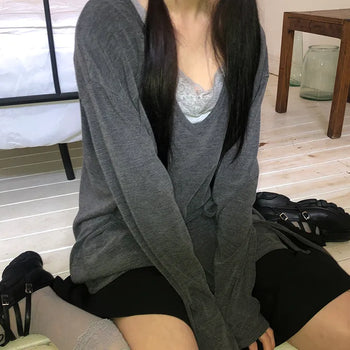 No-Quick Drawstring Loose Fit V-Neck Long Sleeve T-Shirt