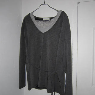 No-Quick Drawstring Loose Fit V-Neck Long Sleeve T-Shirt