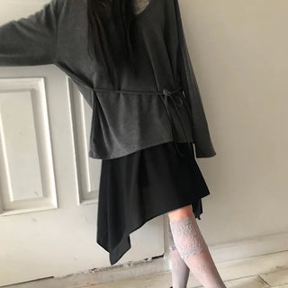 No-Quick Drawstring Loose Fit V-Neck Long Sleeve T-Shirt