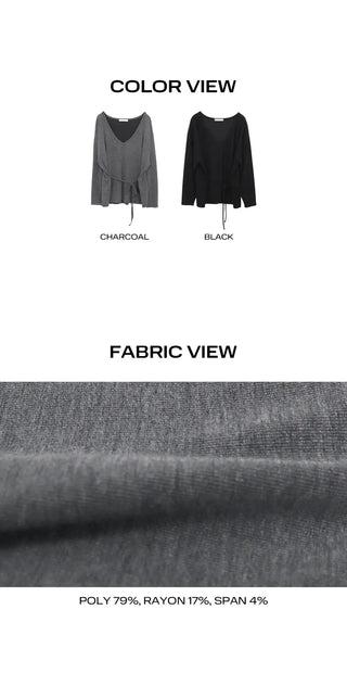 No-Quick Drawstring Loose Fit V-Neck Long Sleeve T-Shirt