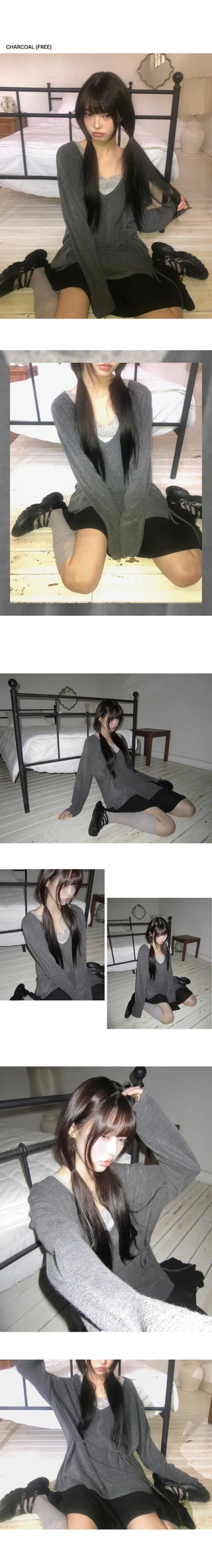 No-Quick Drawstring Loose Fit V-Neck Long Sleeve T-Shirt