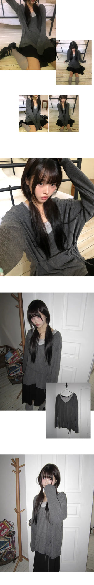 No-Quick Drawstring Loose Fit V-Neck Long Sleeve T-Shirt