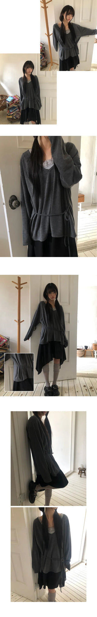 No-Quick Drawstring Loose Fit V-Neck Long Sleeve T-Shirt