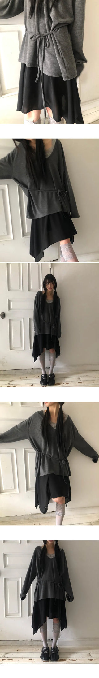 No-Quick Drawstring Loose Fit V-Neck Long Sleeve T-Shirt