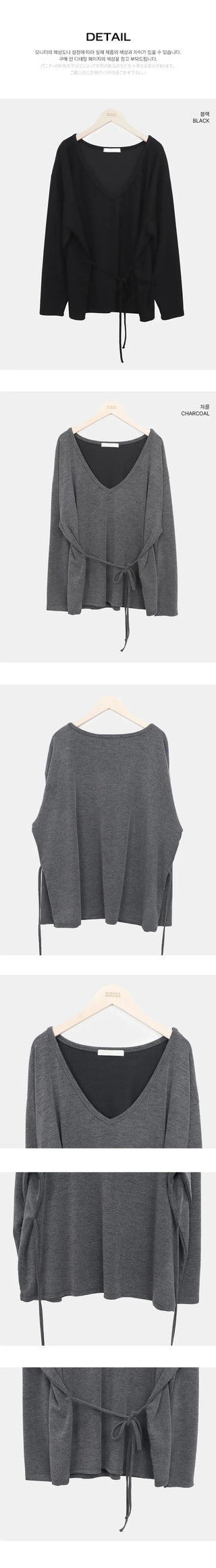 No-Quick Drawstring Loose Fit V-Neck Long Sleeve T-Shirt