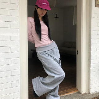 Beaut 89 Lettering Folding Two-Way Wide Elastic Waist Training Pants