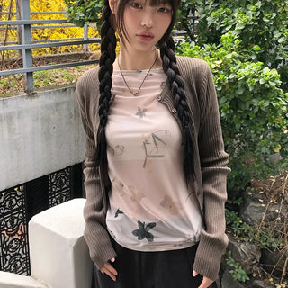Dubi Flower Mesh See-through Long Sleeve T-shirt