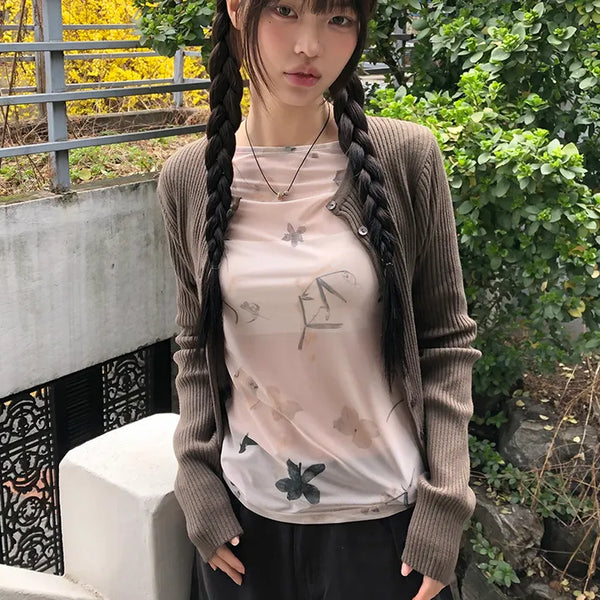 Dubi Flower Mesh See-through Long Sleeve T-shirt