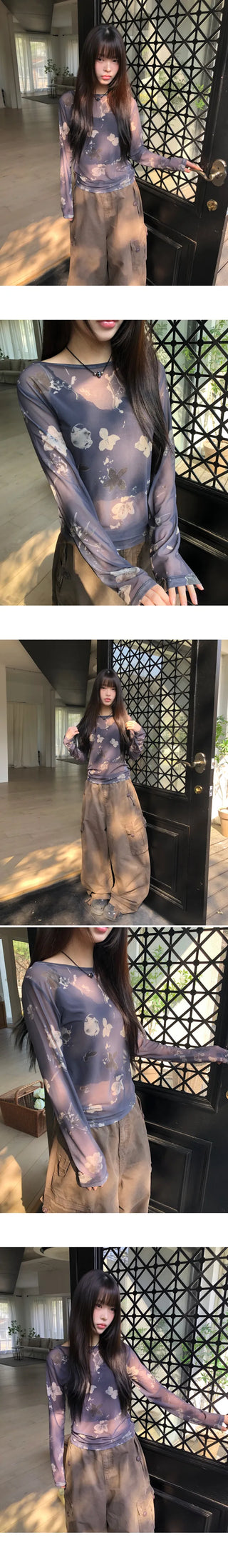Dubi Flower Mesh See-through Long Sleeve T-shirt