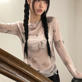 Dubi Flower Mesh See-through Long Sleeve T-shirt