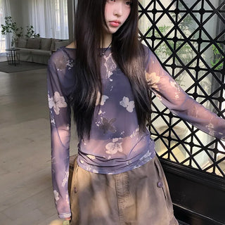 Dubi Flower Mesh See-through Long Sleeve T-shirt