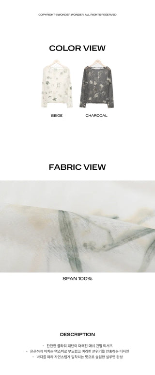 Dubi Flower Mesh See-through Long Sleeve T-shirt