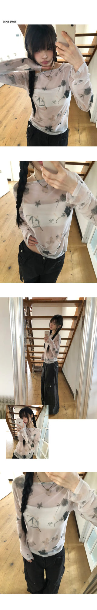 Dubi Flower Mesh See-through Long Sleeve T-shirt