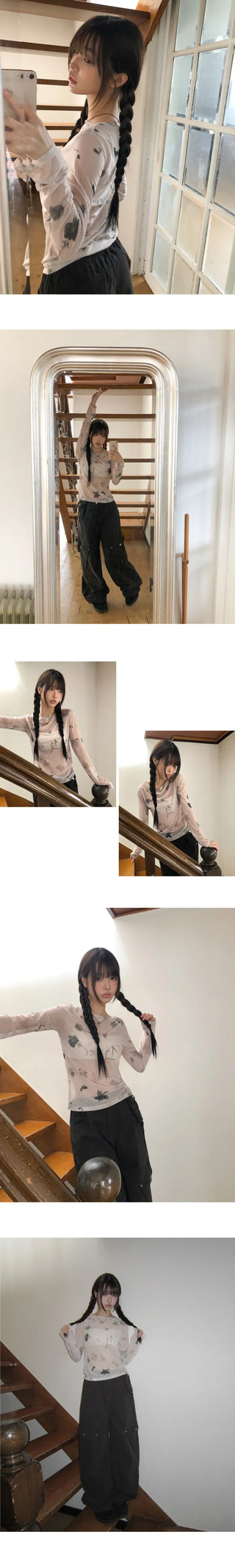 Dubi Flower Mesh See-through Long Sleeve T-shirt