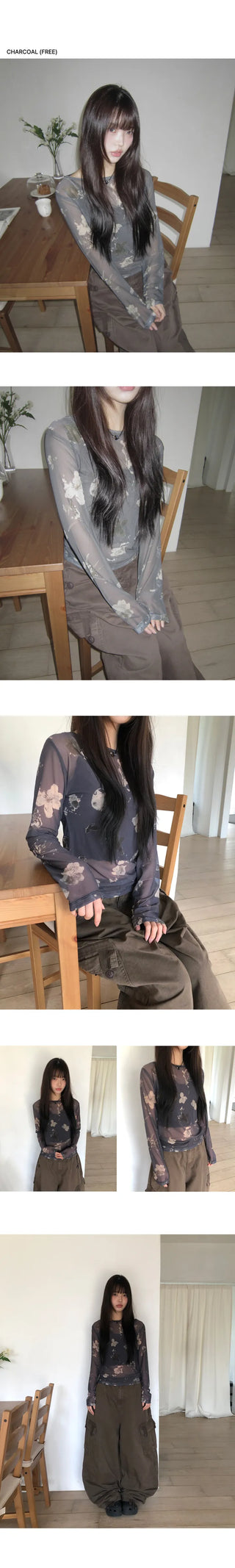 Dubi Flower Mesh See-through Long Sleeve T-shirt