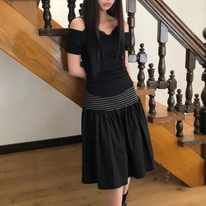 Juné Striped Contrast Elastic Tiered Midi Skirt