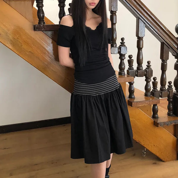 Juné Striped Contrast Elastic Tiered Midi Skirt