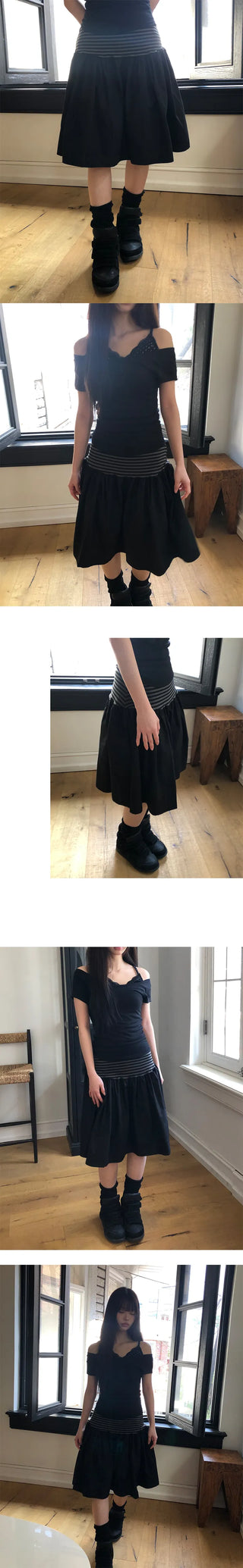 Juné Striped Contrast Elastic Tiered Midi Skirt