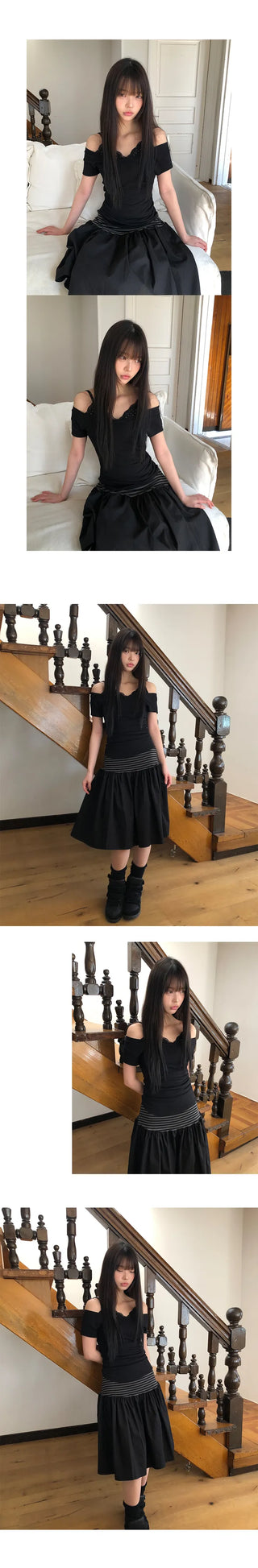 Juné Striped Contrast Elastic Tiered Midi Skirt