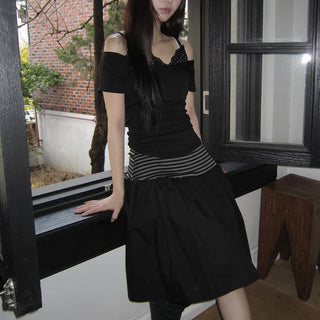 Juné Striped Contrast Elastic Tiered Midi Skirt