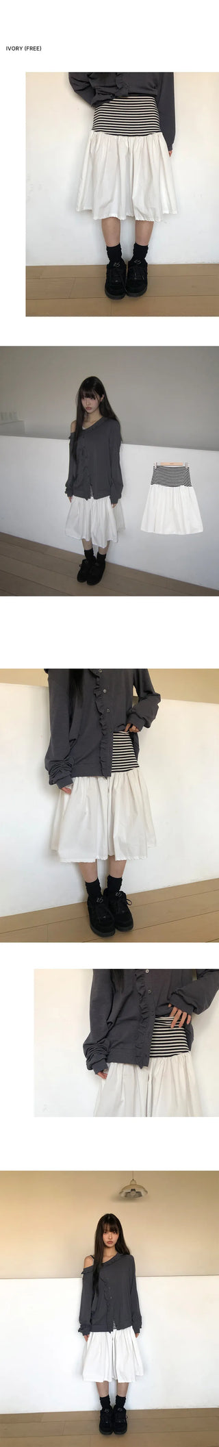 Juné Striped Contrast Elastic Tiered Midi Skirt