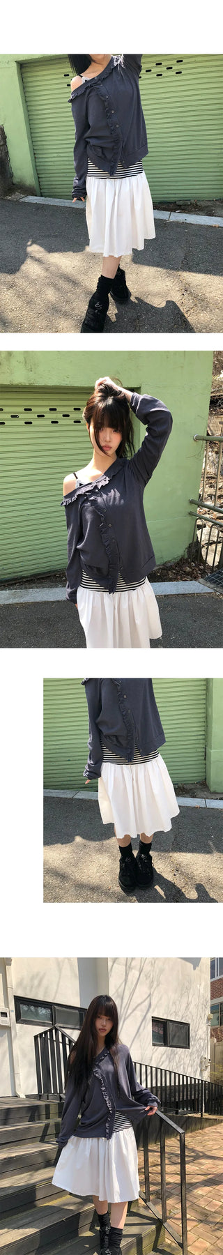 Juné Striped Contrast Elastic Tiered Midi Skirt