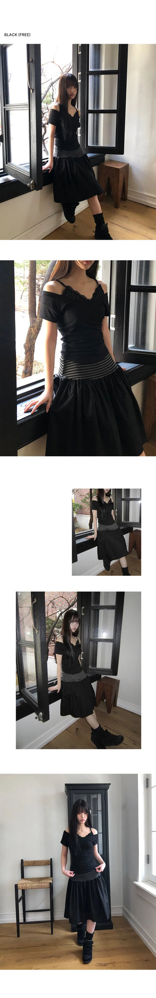 Juné Striped Contrast Elastic Tiered Midi Skirt