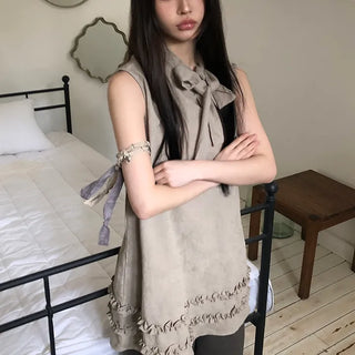 Jewel Ribbon Tie Frill Layered Sleeveless Dress