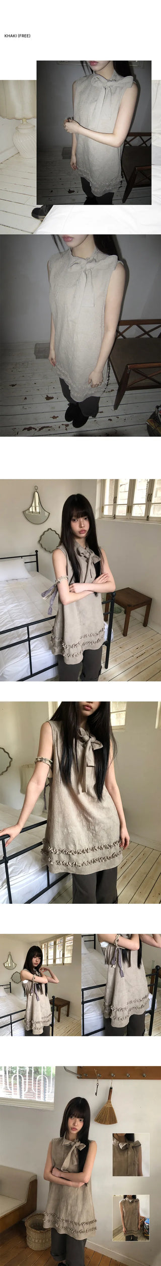 Jewel Ribbon Tie Frill Layered Sleeveless Dress