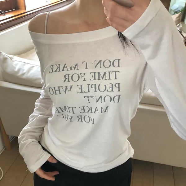 Dokken Lettering See-through Off-shoulder Long Sleeve T-shirt