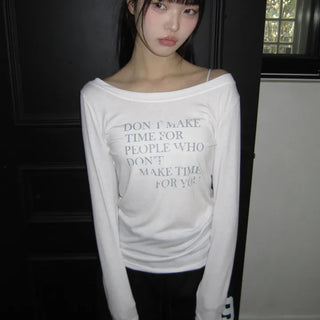 Dokken Lettering See-through Off-shoulder Long Sleeve T-shirt